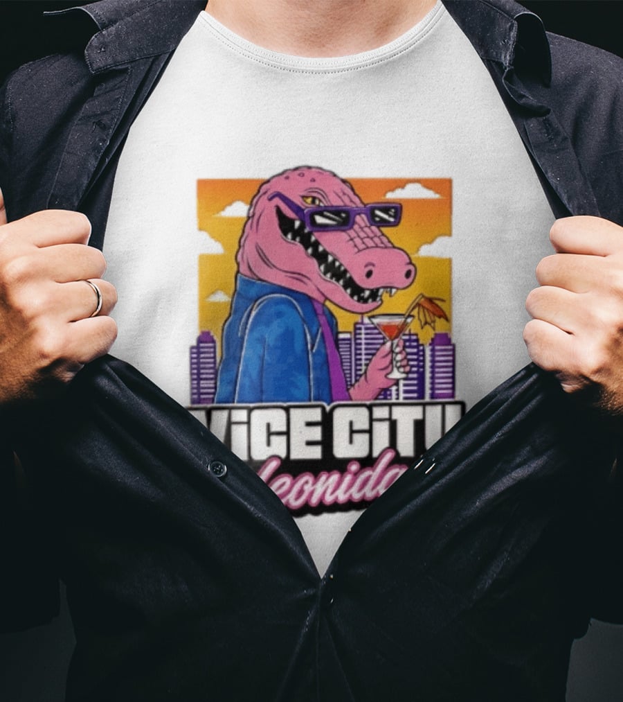 Vice City Leonida Pink Alligator Sunglasses Cocktail Cityscape T-Shirt