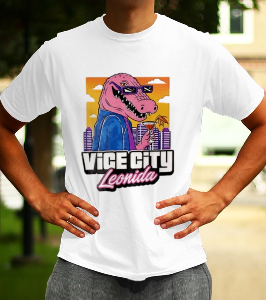 Vice City Leonida Pink Alligator Sunglasses Cocktail Cityscape T-Shirt