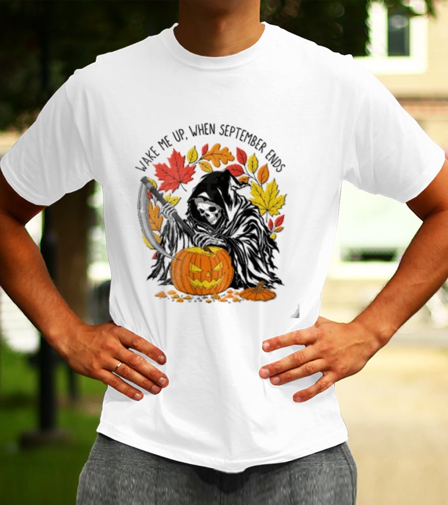 Wake Me Up When September Ends Grim Reaper Carving Jack O Lantern Autumn Leaves T-Shirt