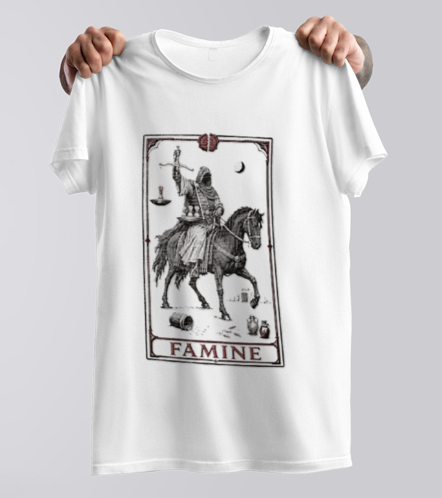 Famine Hooded Rider On Black Horse With Scales Tarot Card T-Shirt