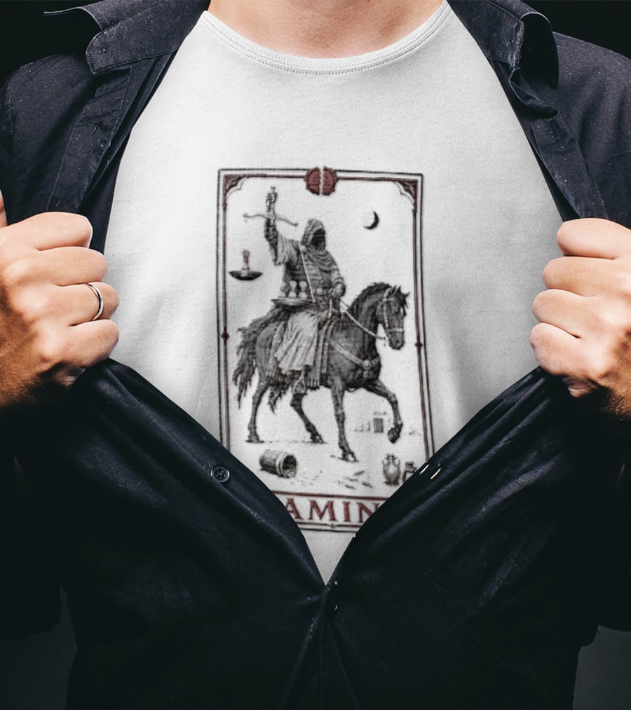 Famine Hooded Rider On Black Horse With Scales Tarot Card T-Shirt