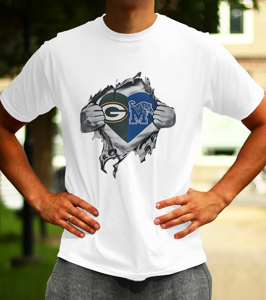 Green Bay Packers Memphis Tigers Heart Symbol Fusion T-Shirt