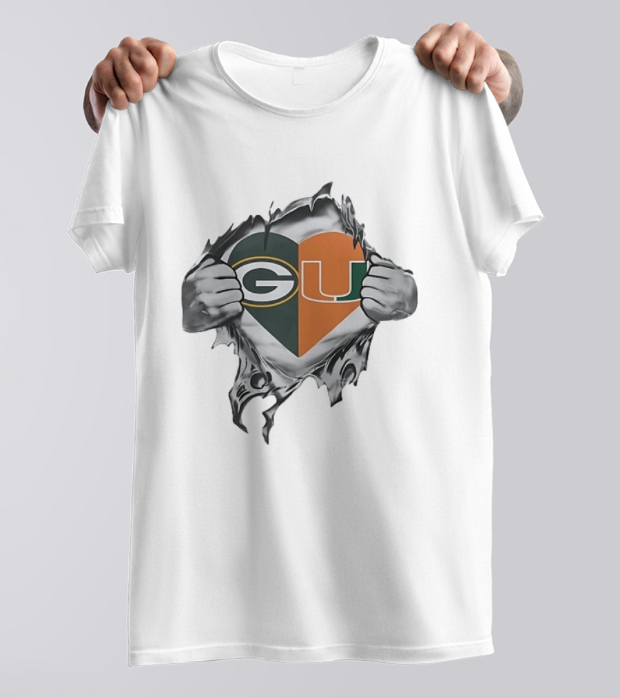 Green Bay Packers Miami Hurricanes Heart G U Logo Tear T-Shirt