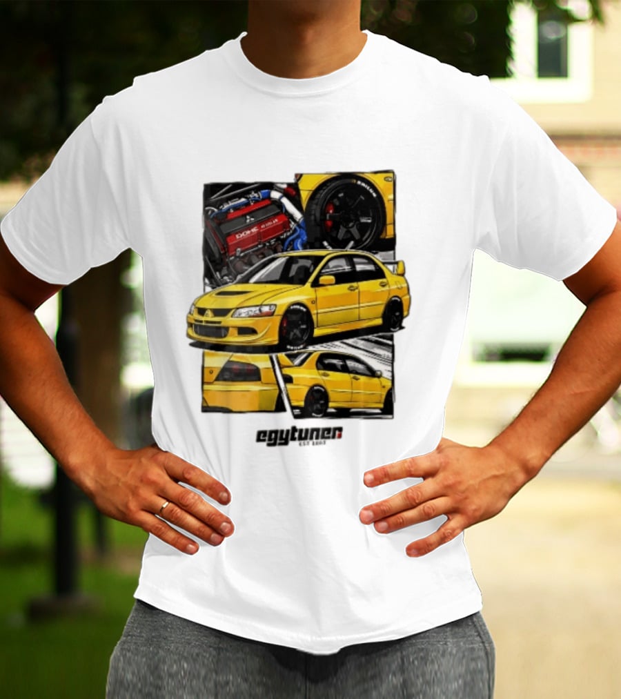 Mitsubishi Egytuner Est 2003 Yellow Lancer Evolution Engine Wheel Panels T-Shirt
