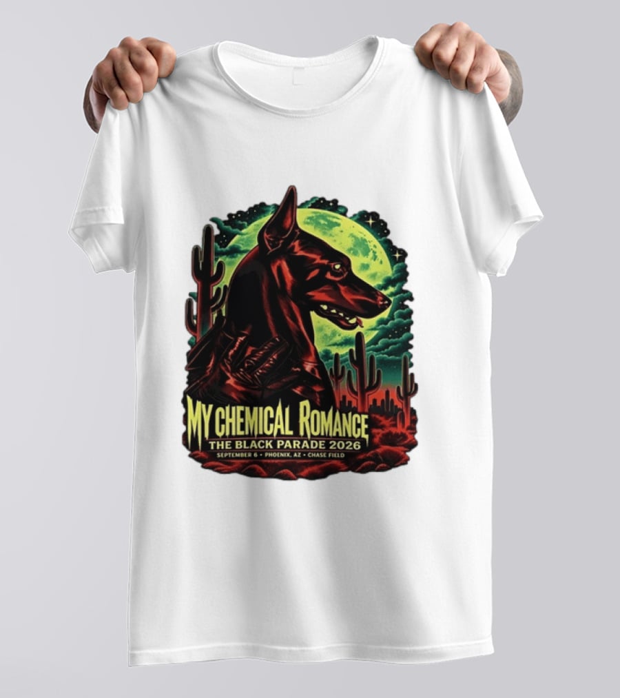 My Chemical Romance The Black Parade 2026 September 6 Phoenix AZ Chase Field Cactus And Dog Moon Scene T-Shirt