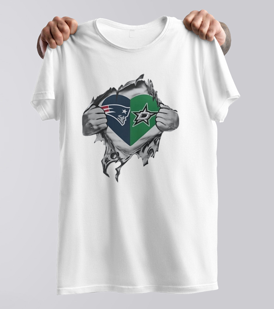 New England Patriots Dallas Stars Heart Split Design Fans T-Shirt