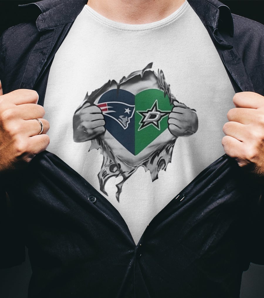 New England Patriots Dallas Stars Heart Split Design Fans T-Shirt