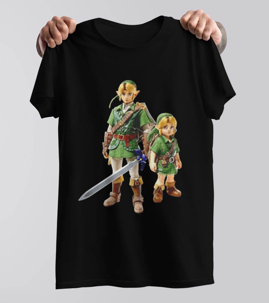 Adult And Young Link Green Tunic Warrior Sword Shield Render T-Shirt