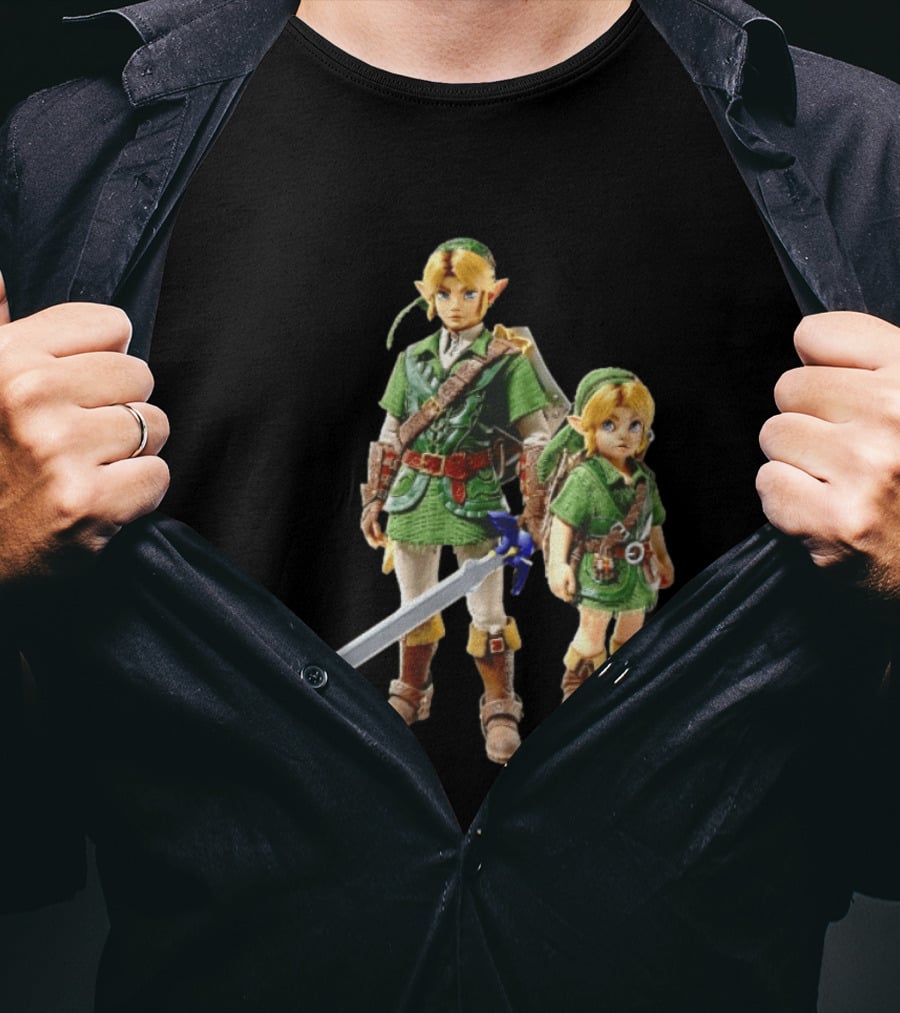Adult And Young Link Green Tunic Warrior Sword Shield Render T-Shirt