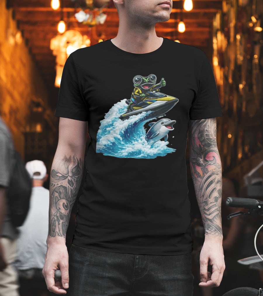 Cartoon Frog Thumbs Up Riding Jet Ski With Dolphin On Ocean Wave T-Shirt
