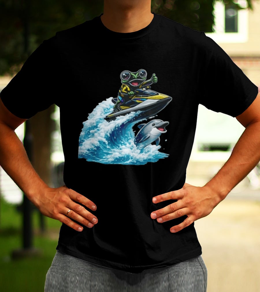 Cartoon Frog Thumbs Up Riding Jet Ski With Dolphin On Ocean Wave T-Shirt