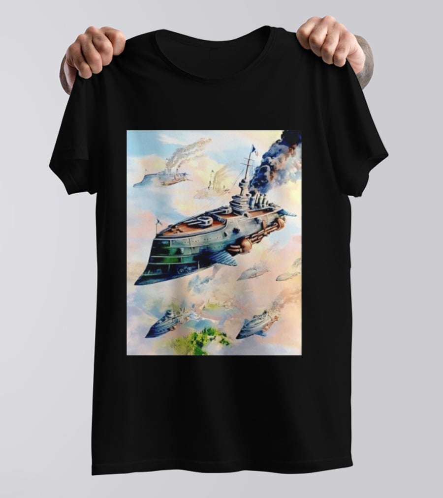 Steampunk Flying Battleship Armada Soaring Through The Clouds T-Shirt