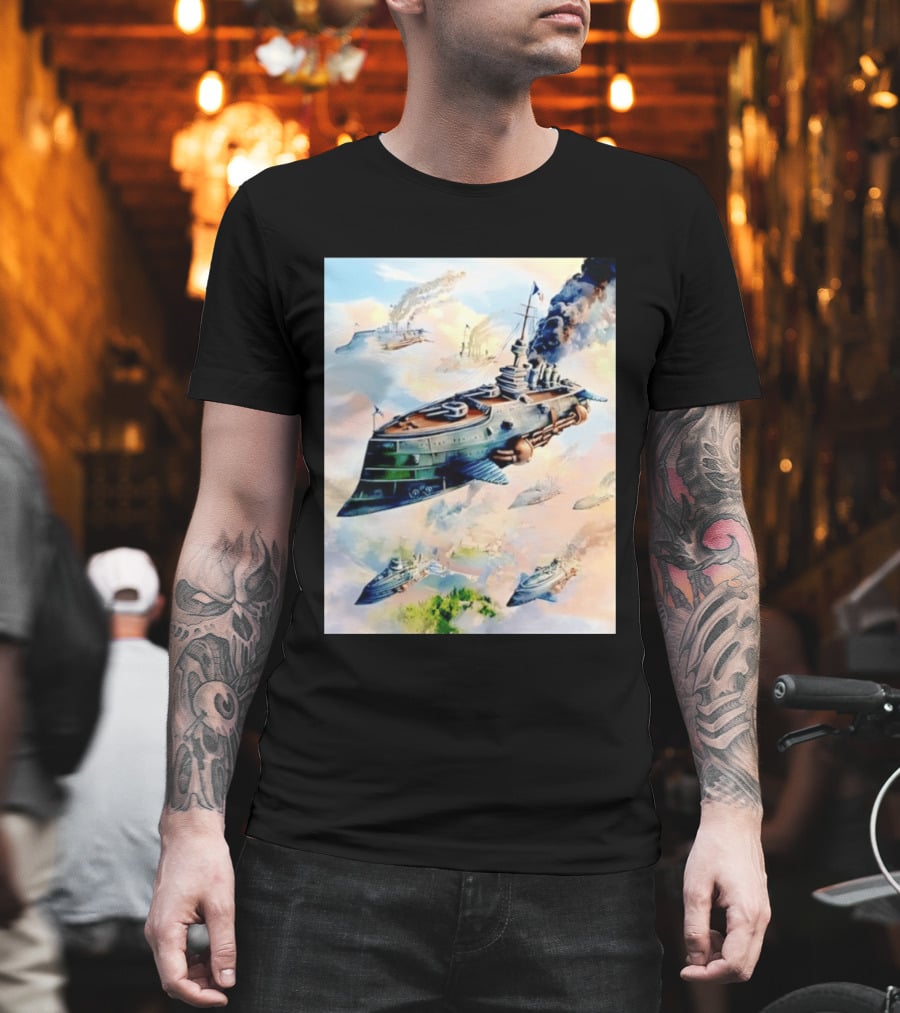 Steampunk Flying Battleship Armada Soaring Through The Clouds T-Shirt