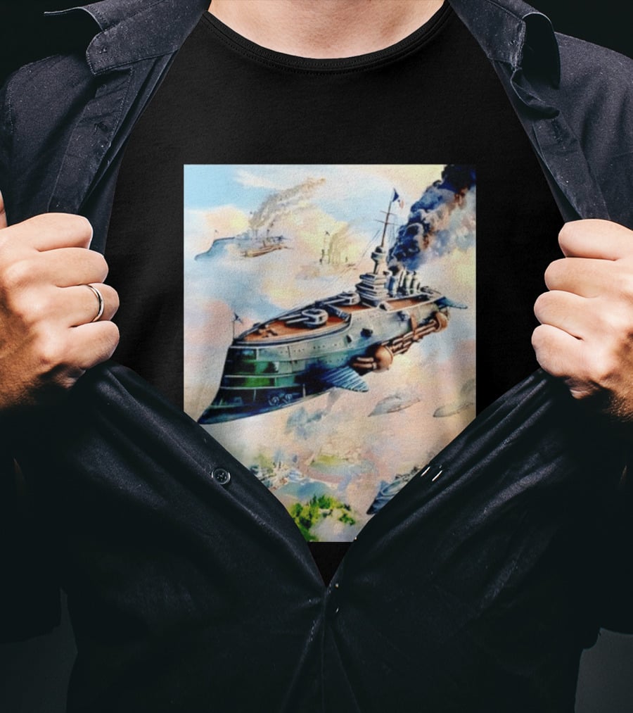 Steampunk Flying Battleship Armada Soaring Through The Clouds T-Shirt