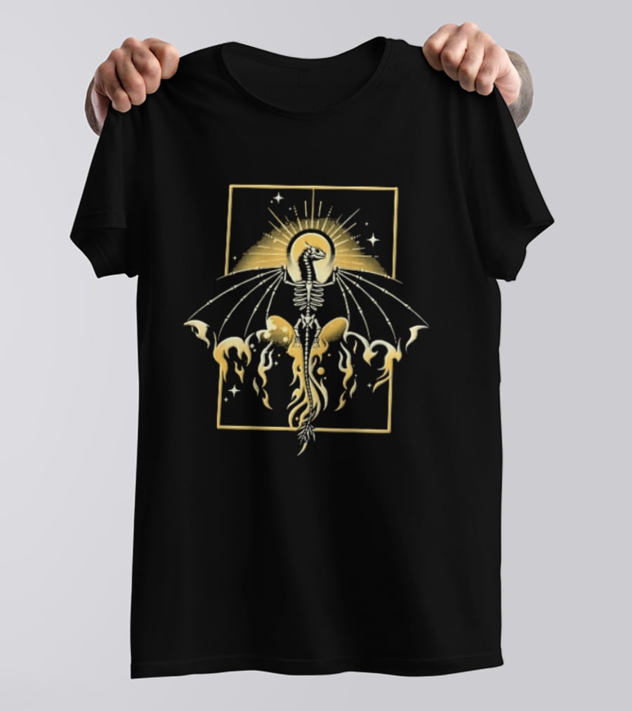 Celestial Gold Skeletal Dragon Wings Sunburst Halo Flames T-Shirt