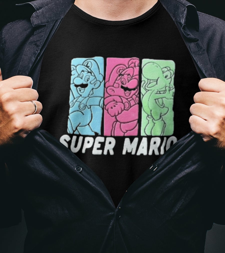 Super Mario Luigi Yoshi Characters Colorful Panels T-Shirt