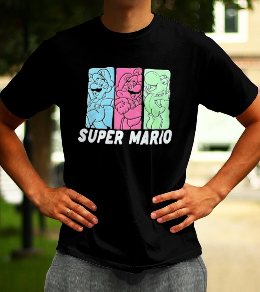 Super Mario Luigi Yoshi Characters Colorful Panels T-Shirt