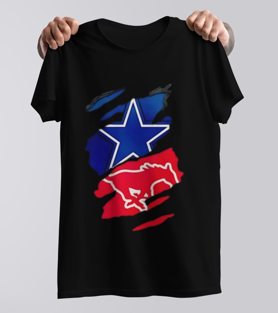 Dallas Cowboys Star And SMU Mustangs Red Ripped Effect T-Shirt