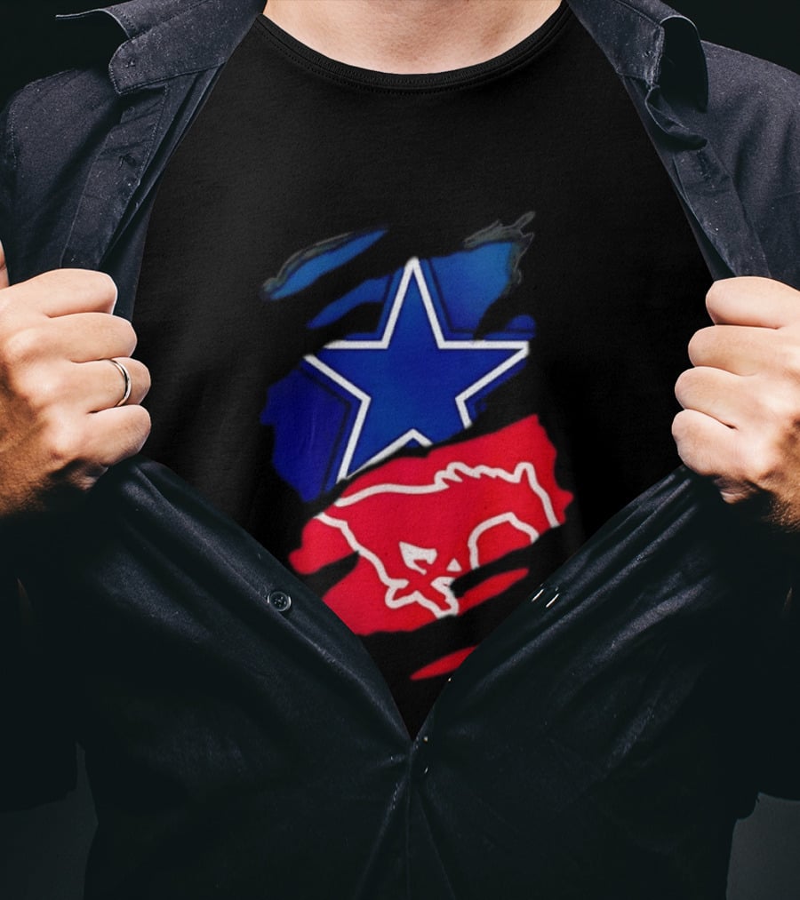Dallas Cowboys Star And SMU Mustangs Red Ripped Effect T-Shirt