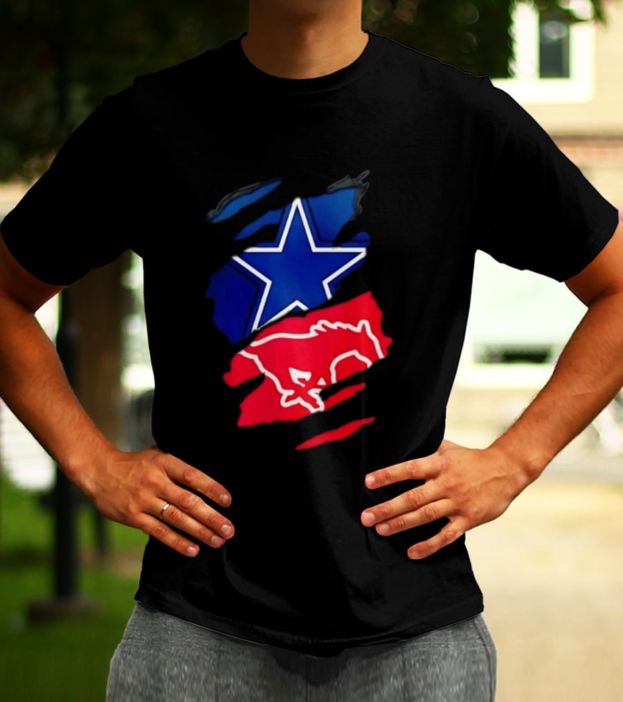 Dallas Cowboys Star And SMU Mustangs Red Ripped Effect T-Shirt