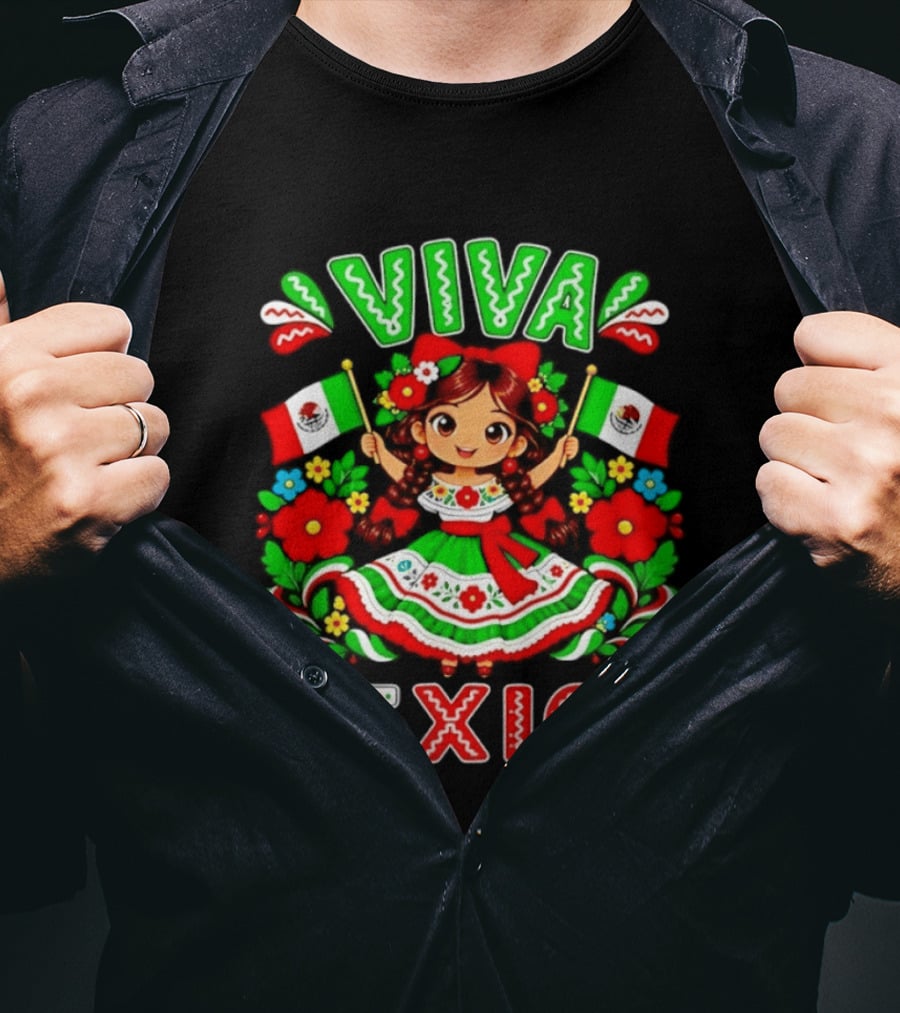 Viva Mexico Traditional Dress Girl With Flags Mexican Celebration T-Shirt