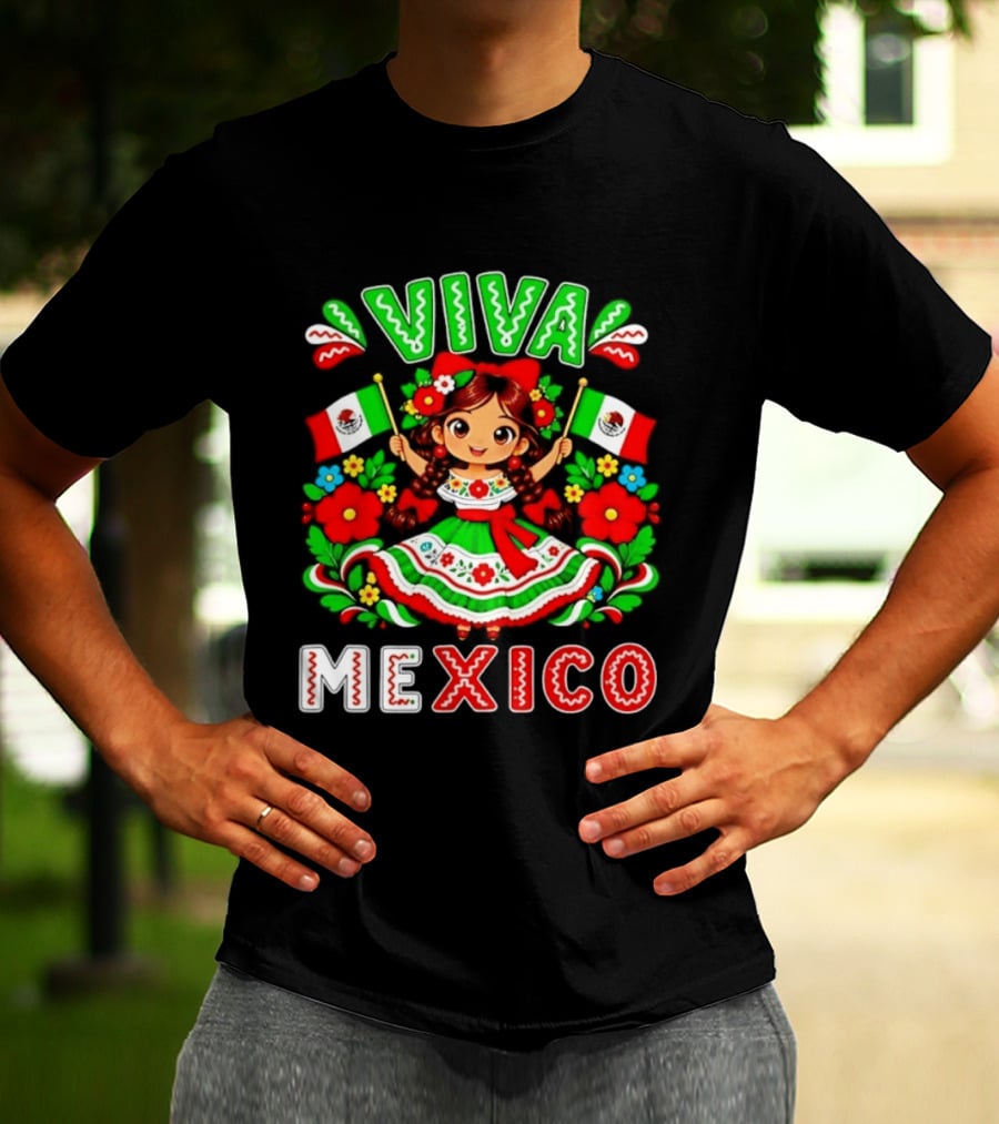 Viva Mexico Traditional Dress Girl With Flags Mexican Celebration T-Shirt