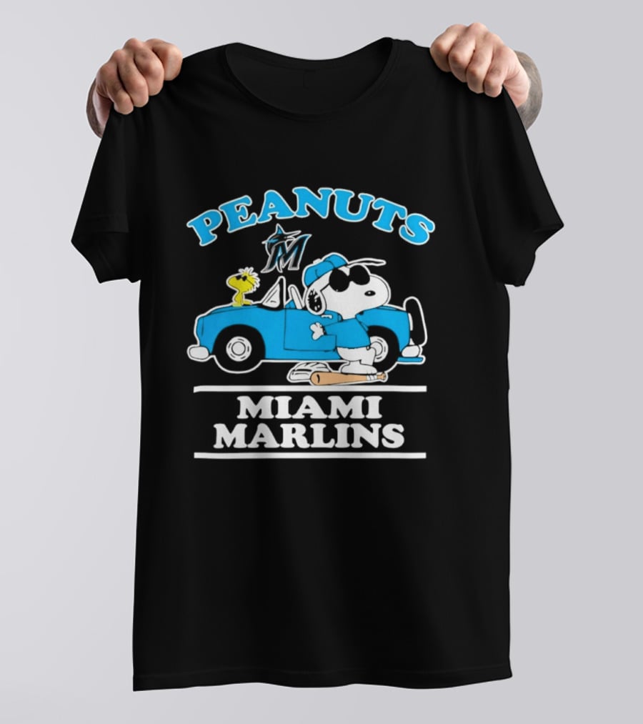 Peanuts Snoopy And Woodstock Miami Marlins Baseball Driving Adventure T-Shirt