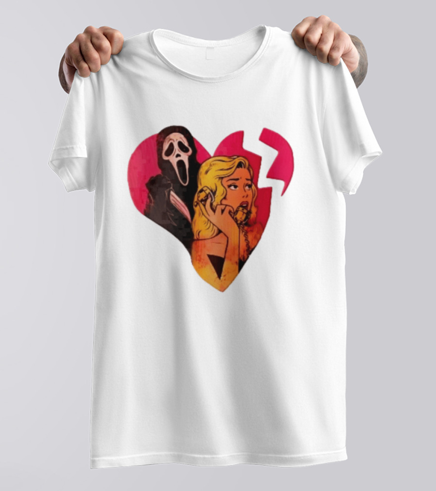 Cartoon Blonde Woman Ghostface Broken Pink Heart Knife Phone T-Shirt
