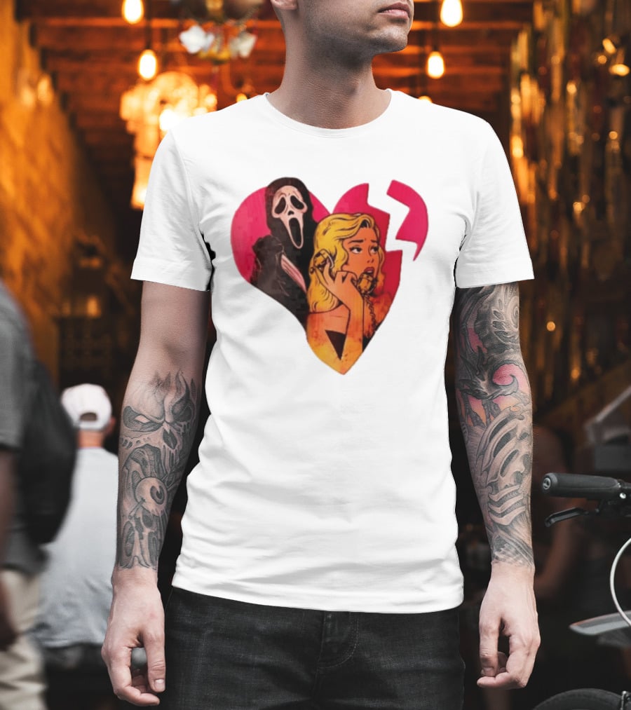 Cartoon Blonde Woman Ghostface Broken Pink Heart Knife Phone T-Shirt