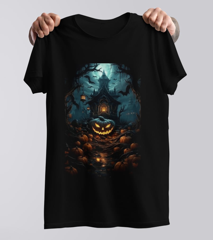 Haunted House Pumpkin Season Halloween Spooky Night Scene With Jack O' Lanterns And Bats T-Shirt