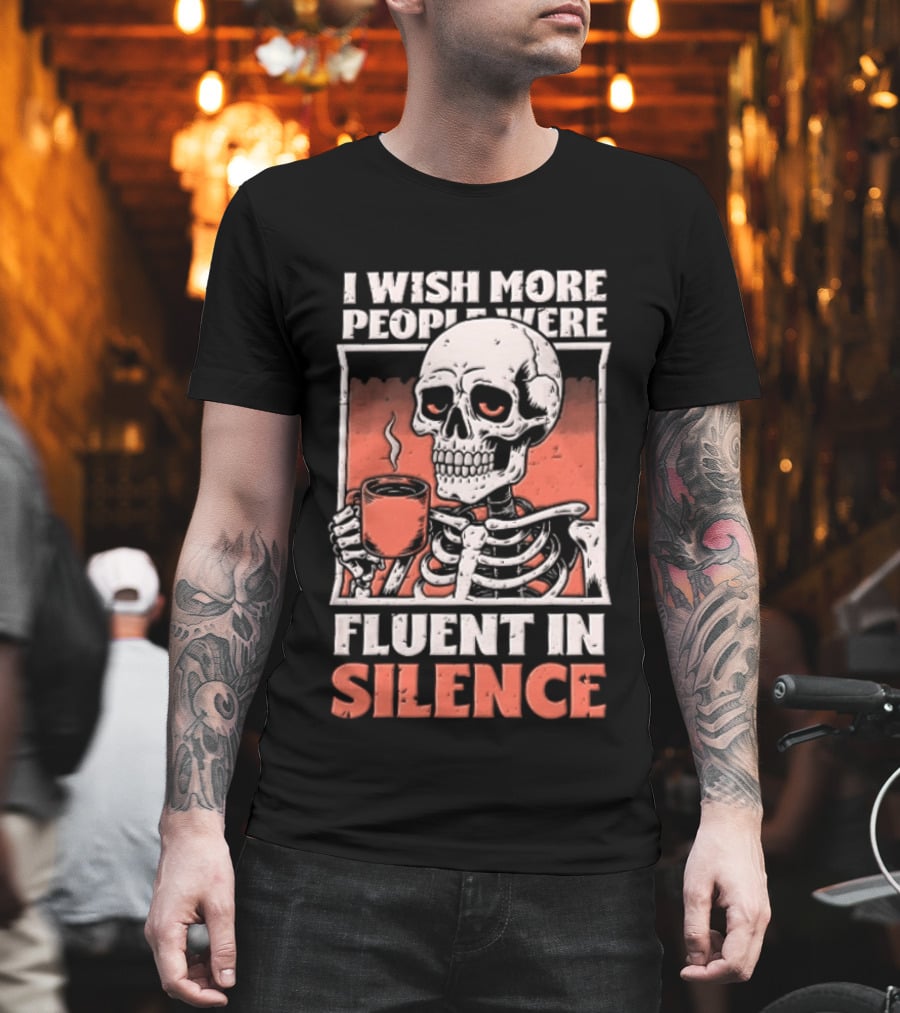 Fluent In Silence Skeleton Holding Coffee Distressed T-Shirt