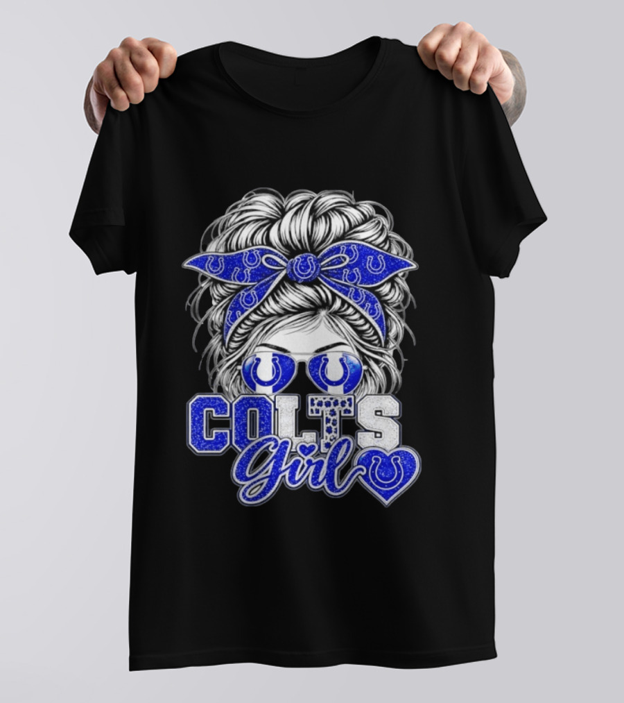 Indianapolis Colts Girl Messy Bun Blue Bandana Sunglasses Fan T-Shirt