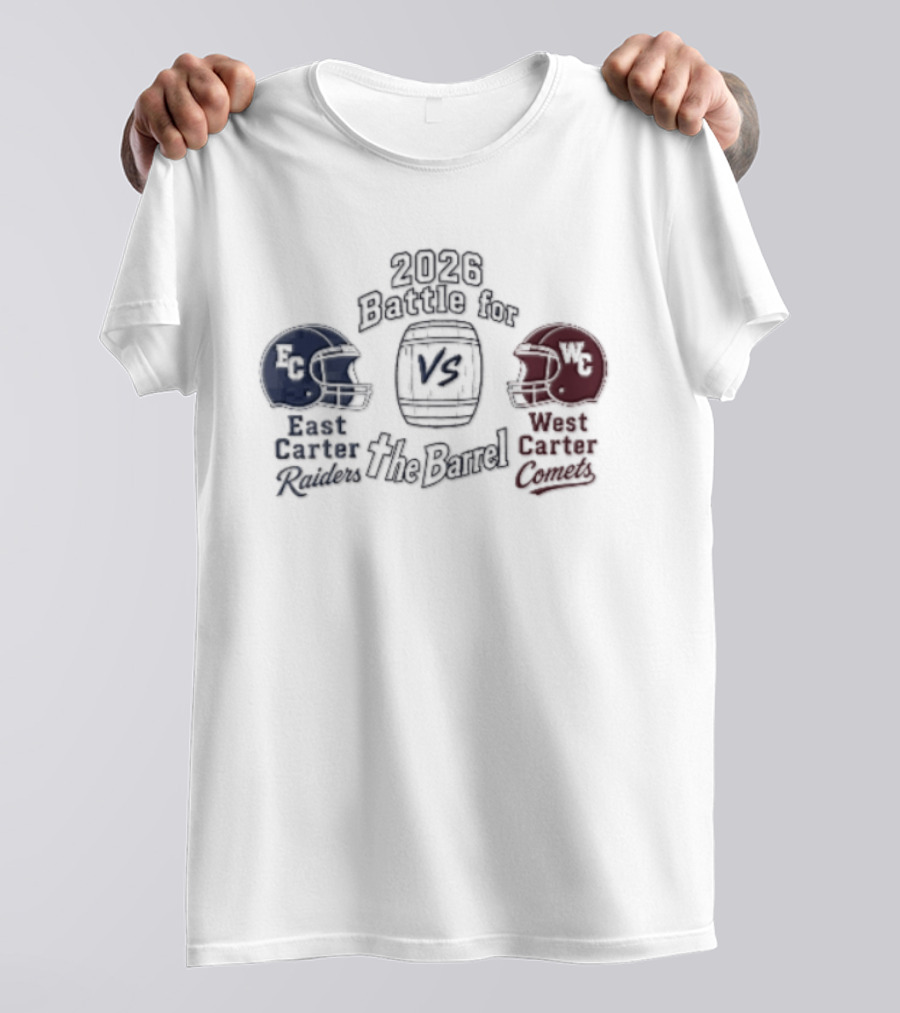 2026 Battle For The Barrel East Carter Raiders Vs West Carter Comets Football Helmets T-Shirt
