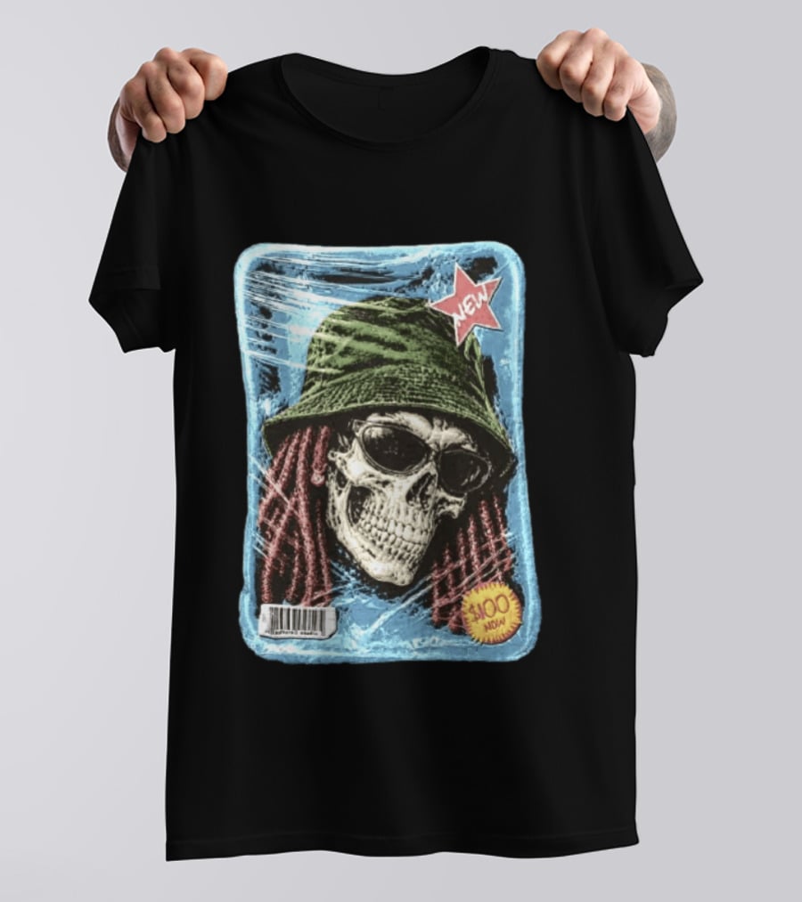 Skull With Dreadlocks Wearing Green Bucket Hat Sunglasses New Star Label T-Shirt