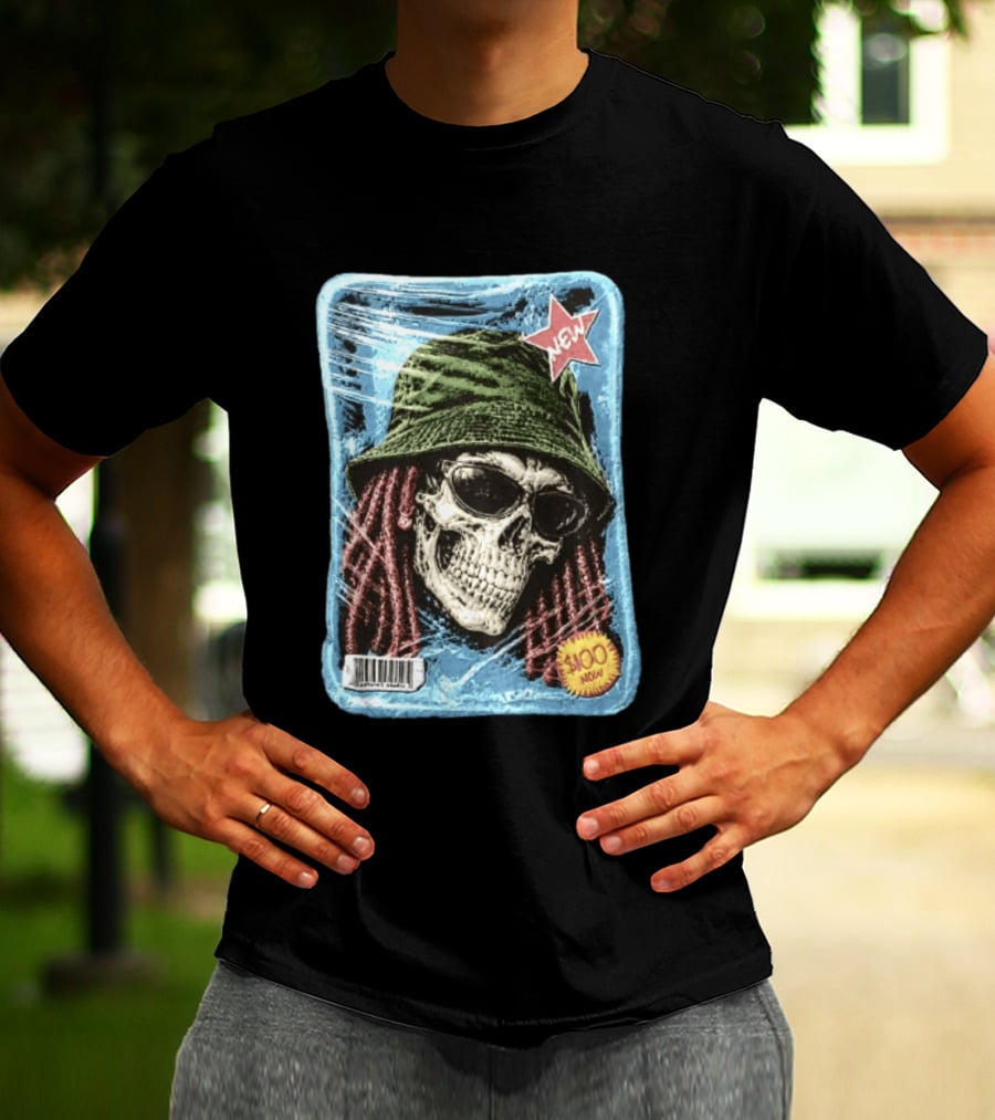 Skull With Dreadlocks Wearing Green Bucket Hat Sunglasses New Star Label T-Shirt