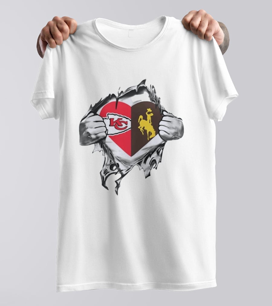 Kansas City Chiefs Wyoming Cowboys Heart Fan Pride Combination T-Shirt