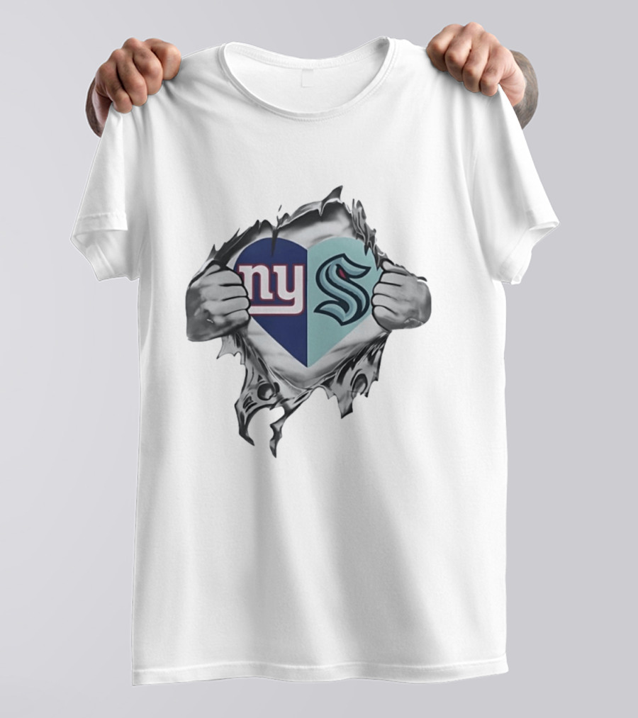 New York Giants Seattle Kraken Fan Heart Fusion T-Shirt