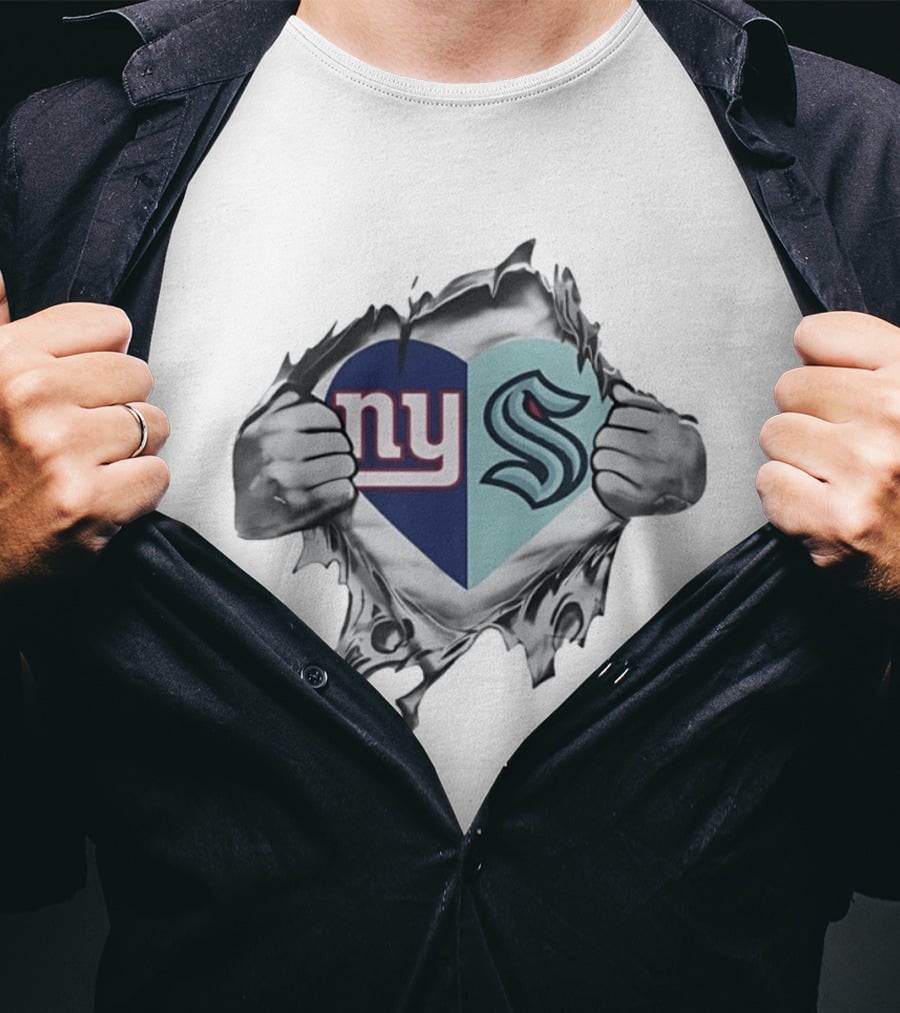 New York Giants Seattle Kraken Fan Heart Fusion T-Shirt