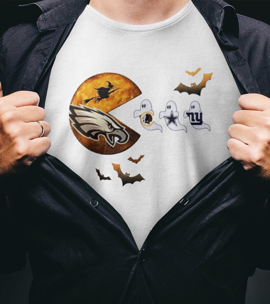 Philadelphia Eagles Pac Man Halloween Washington Commanders Cowboys Giants Ghosts T-Shirt
