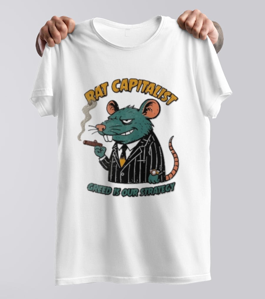 Rat Capitalist Greed Is Our Strategy Cartoon Smoking Cigar Rodent Pinstripe Suit T-Shirt