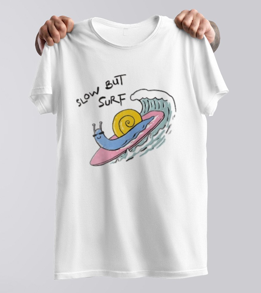 Slow But Surf Cartoon Blue Snail Riding Pink Surfboard Wave T-Shirt
