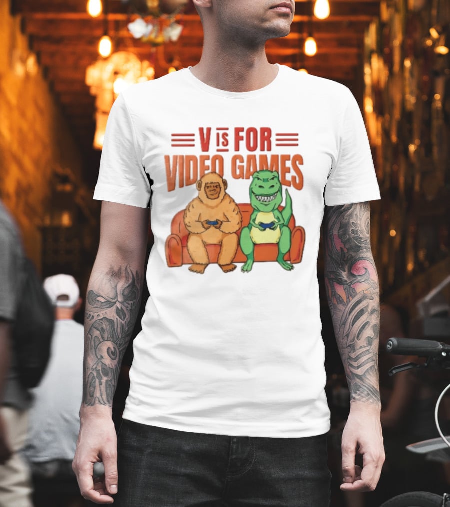 V Is For Video Games Sasquatch Dinosaur Couch Controllers Cartoon T-Shirt