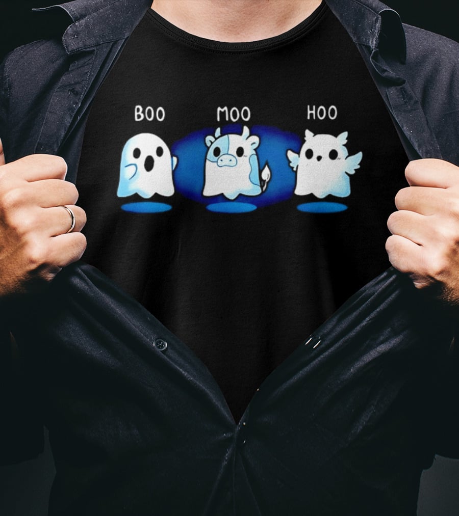 Boo Moo Hoo Halloween Ghost Cow And Owl Fun T-Shirt