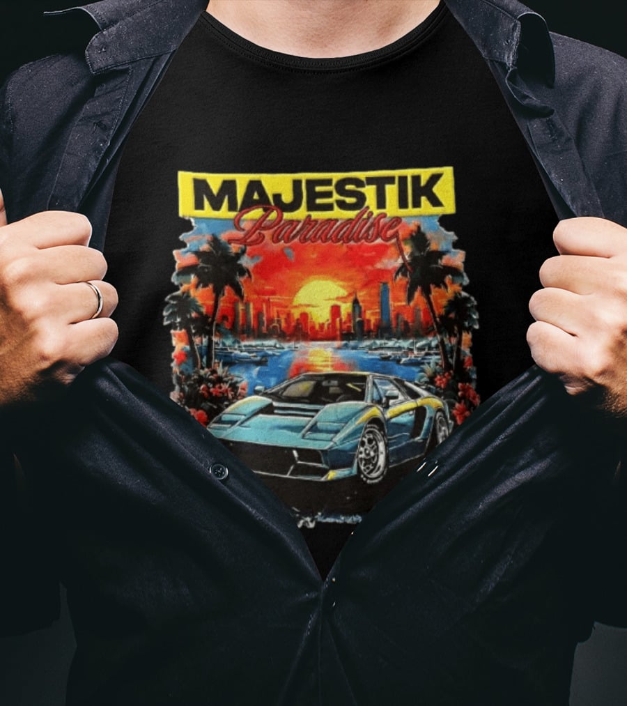 Majestik Paradise Lamborghini Countach Miami Skyline Sunset Beach City T-Shirt