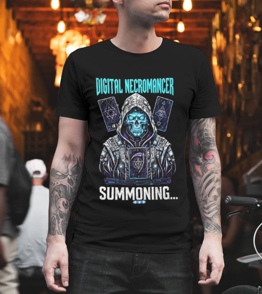 Digital Necromancer Summoning Cyber Skull Tarot Cards T-Shirt
