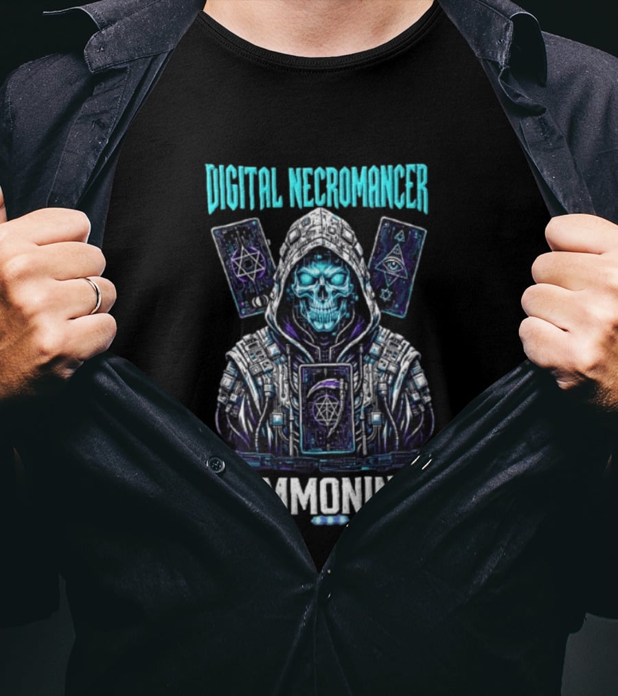 Digital Necromancer Summoning Cyber Skull Tarot Cards T-Shirt