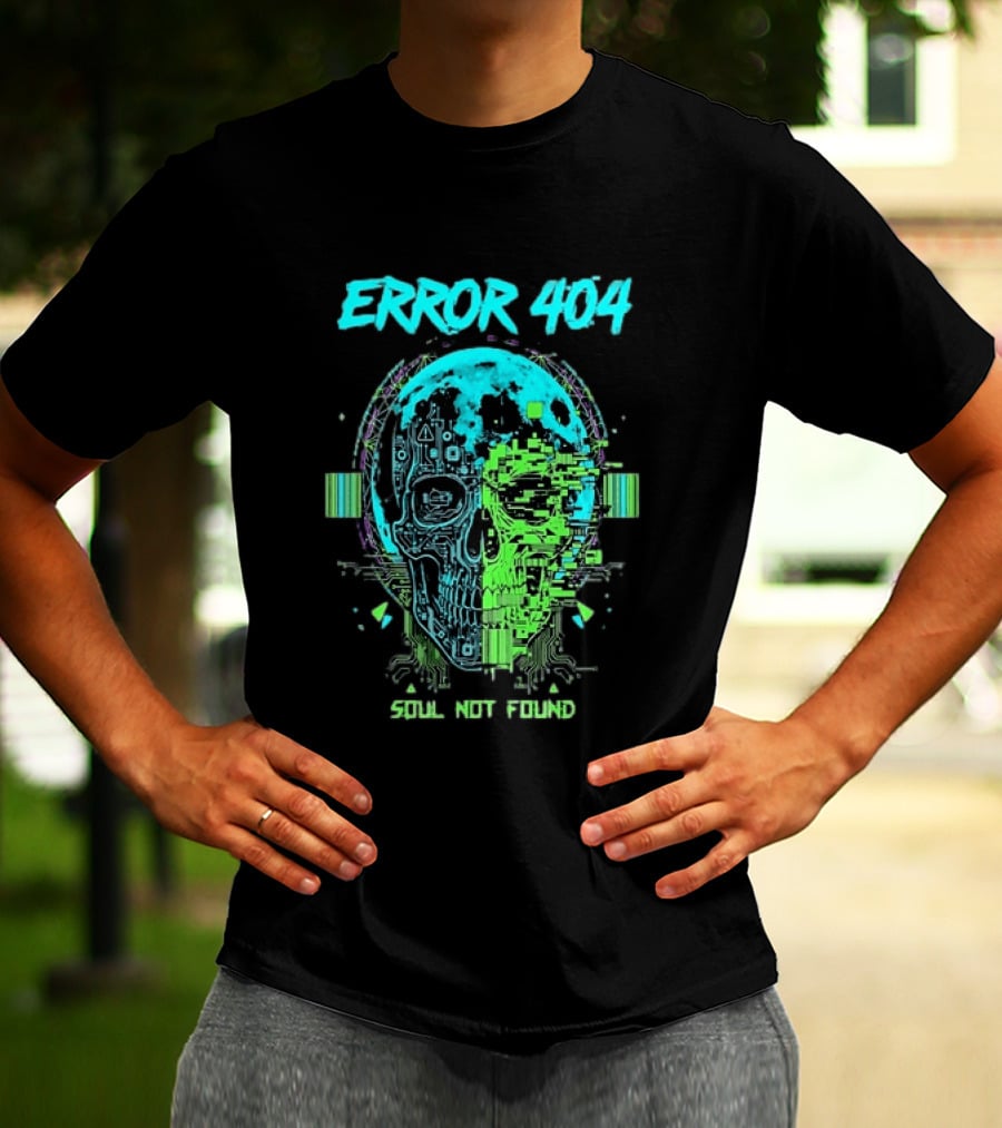 Error 404 Soul Not Found Cyber Skull Glitch Retro Tech Aesthetic T-Shirt