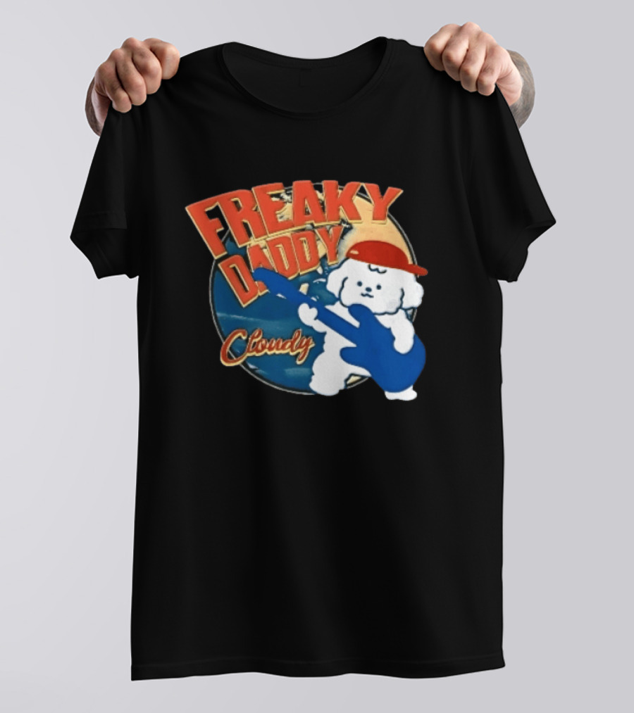 Freaky Daddy Cloudy Cartoon Dog Red Cap Playing Guitar T-Shirt