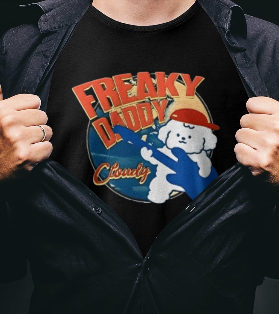Freaky Daddy Cloudy Cartoon Dog Red Cap Playing Guitar T-Shirt