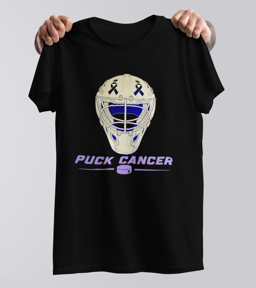 Puck Cancer Hockey Goalie Mask Awareness Purple Ribbon T-Shirt
